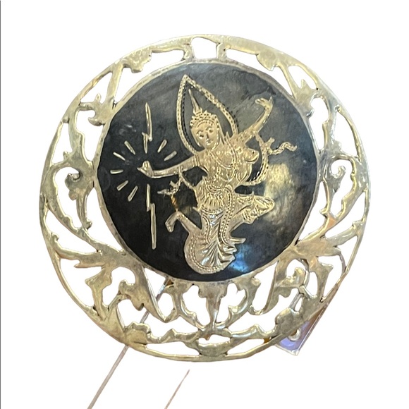 Vintage sterling silver 925 SiAM goddess black enamel fancy ornate large brooch - Picture 2 of 4